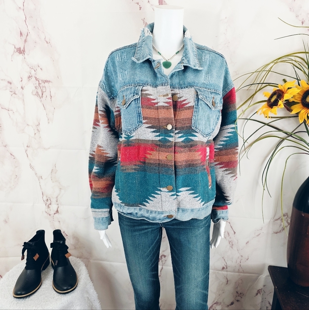 Polagram Southwestern Denim Jacket Embroidered Aztec Western Boho Small